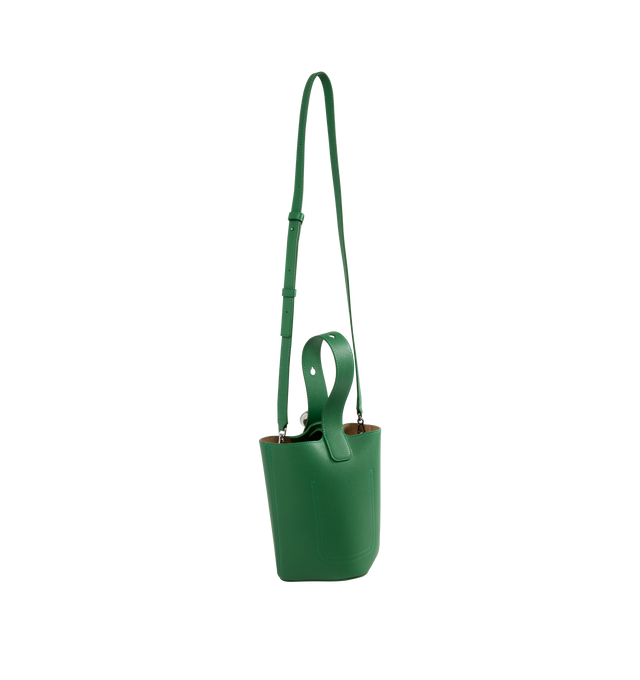 Image 2 of 3 - GREEN - LOEWE Mini Pebble Bucket Bag featuring magnetic closure, internal pocket, bonded suede lining, anagram engraved Pebble, crossbody, shoulder or hand carry and adjustable and removable strap. 7.7 x 6.3 x 6.3 inches. Soft grained calf skin. Made in Spain. 