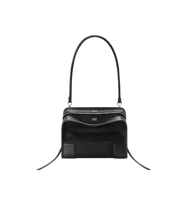 Image 7 of 14 - BLACK - Loewe Women's Medium Amazona 180 Bag is crafted from woven nappa calfskin and features a relaxed silhouette inspired by one of the house's iconic designs. Designed with a single Toron top handle and removable shoulder strap, it can be carried by hand, over the shoulder, or crossbody. A concealed magnetic closure, zip fastening with dual leather pullers, two compartments, an internal flat pocket, and a side D-ring provide functional organization. Finished with palladium-tone hardware, 