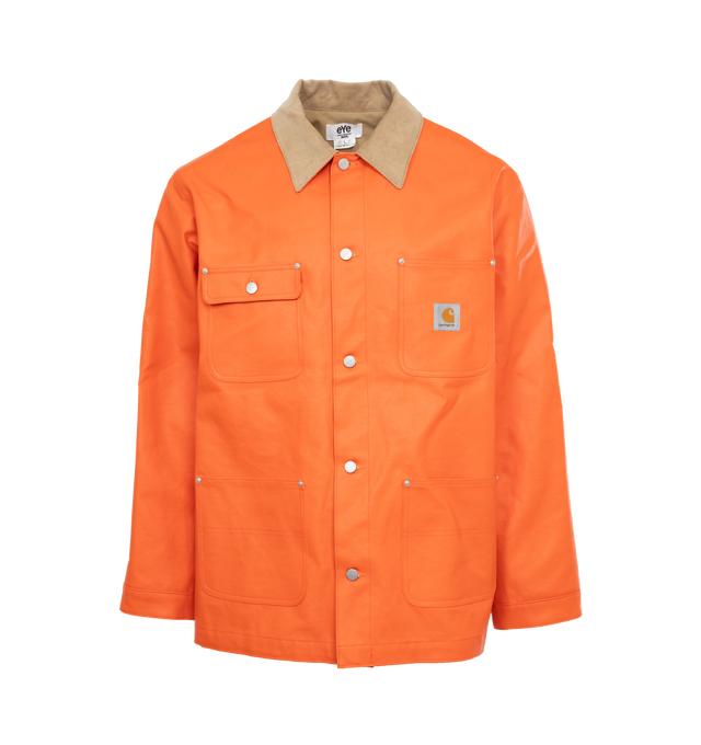 Image 1 of 3 - ORANGE - JUNYA WATANABE X CARHARTT Logo Patch Buttoned Jacket featuring button closure, pockets, corduroy collar and long sleeves. 100% polyurethane. Made in Japan. 