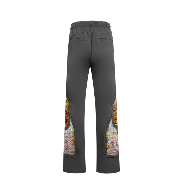 Image 2 of 3 - GREY - WHO DECIDES WAR Triple Flame Glass Sweatpant featuring elastic waistband with drawstring, side slit pockets, back welt pockets and graphic print patches on legs. 100% cotton. 