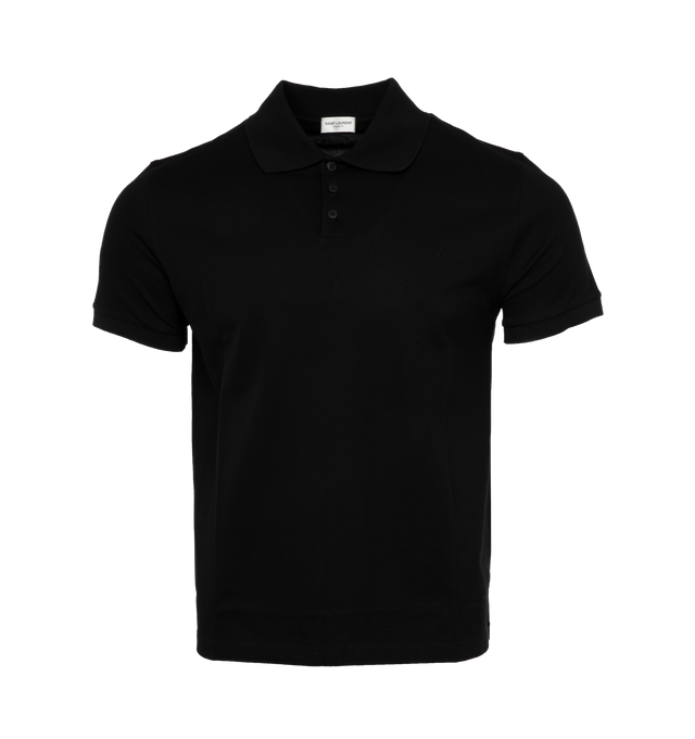 Image 1 of 3 - BLACK - SAINT LAURENT Polo Shirt featuring tonal embroidered cassandre on the chest, three button placket at the neck, flat knit polo collar and cuffs. 100% cotton. Made in Italy. 