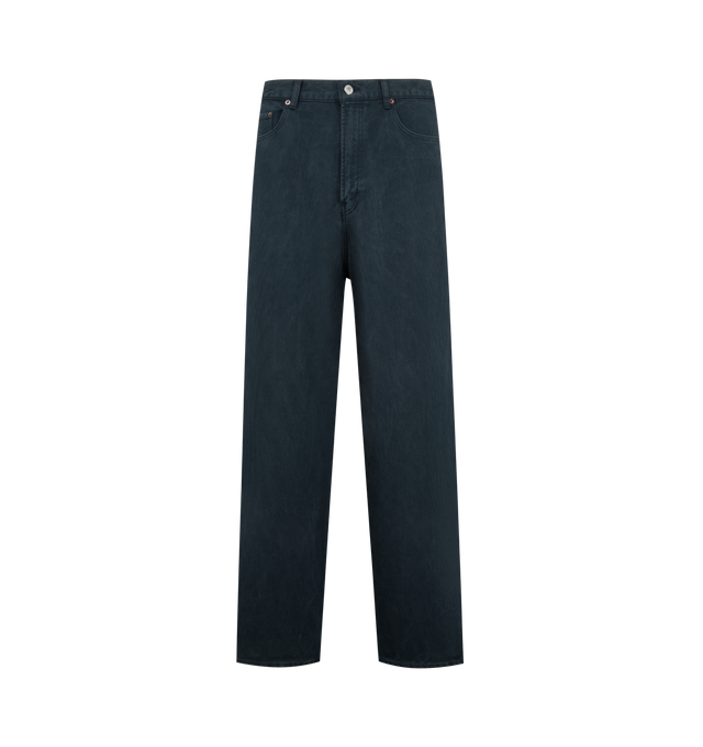 Image 1 of 3 - BLUE - A.Presse Men's Washed Silk Cotton Piqu Pants feature a wide tapered silhouette crafted from a washed silk and cotton piqu blend with a gently curved side seam, a slightly deeper rise, and a zip-fly closure with original iron tuck buttons. These designer trousers combine the breathable comfort of cotton with the smooth feel of silk, while vintage-inspired Japanese craftsmanship is showcased through densely woven silk-spun and cotton yarns that create a refined piqu texture. A naturally  