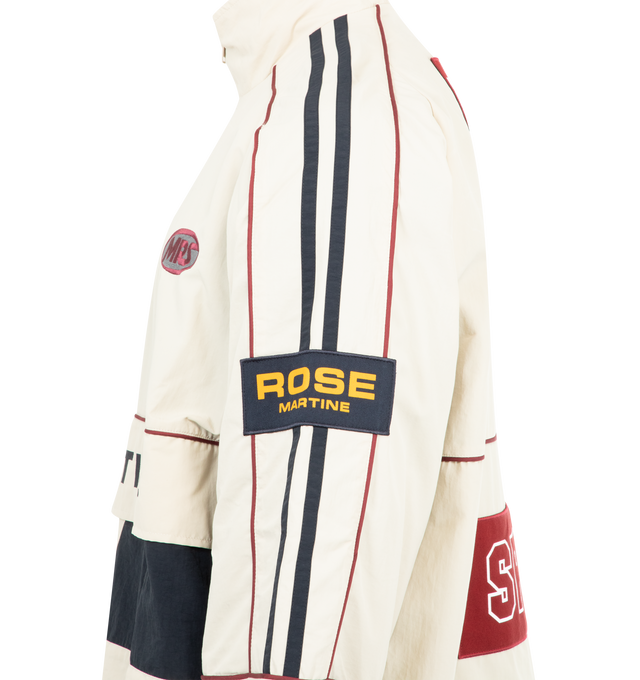 Image 3 of 3 - WHITE - MARTINE ROSE Hockey Pullover featuring a funnel neck, adjustable zip fastening, red sports piping, embroidered branding at chest and seasonal logo at back, elasticated cuffs, draw corded hem, loose fit and stand-up collar. 100% polyamide. 