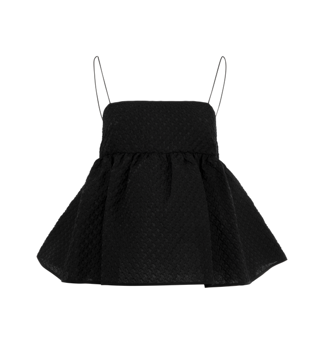 Image 1 of 2 - BLACK - CECILIE BAHNSEN Selena Top Blossom Matelasse featuring adjustable back straps, bandeau bodice, empire-waist seam, flared peplum and blossom matelass fabric. 68% cotton, 23% polyester, 9% polyamide. Made in Lithuania. 