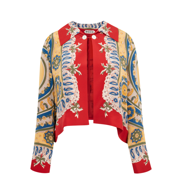 Image 1 of 2 - MULTI - BODE Bricolage Jacket featuring pattern throughout, closes at the neck with two antique pearl buttons, long sleeves and collar. 100% silk. Made in India. 