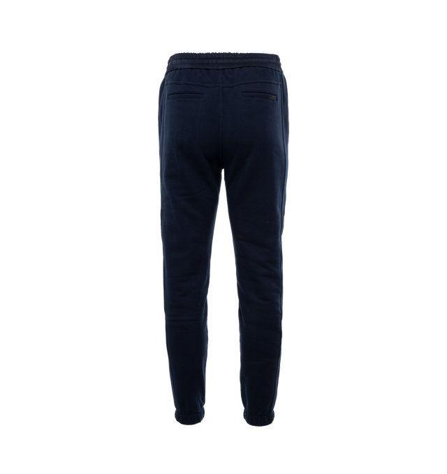 Image 2 of 3 - NAVY - SAINT LAURENT Fleece Joggers featuring an elastic satin waist, elastic cuffs, faux fly, two pockets at side, two pockets at back and drawstring with metal aglets.  