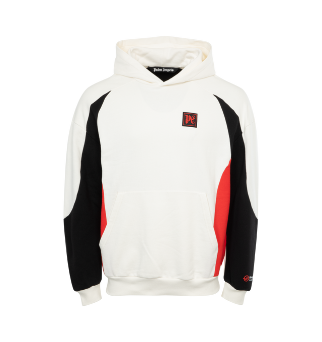 Image 1 of 2 - WHITE - PALM ANGELS Paxhaas Hoodie featuring appliqu logo, contrasting panel detail, classic hood, front pouch pocket, long sleeves and straight hem. 100% cotton.  