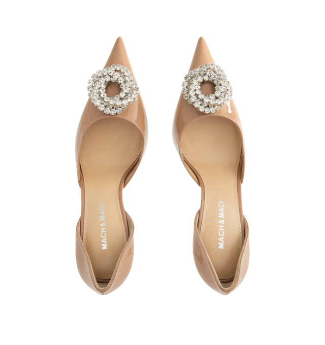 Image 4 of 4 - NEUTRAL - Mach & Mach Women's Galaxy 95 D'Orsay Pumps are crafted from patent leather and feature an elegant D'Orsay silhouette with a pointed toe. Designed with a crystal-embellished Galaxy buckle detail, slip-on construction, leather lining, and a 95mm stiletto heel for a refined statement finish. Main Material: Patent Leather.  