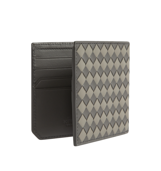 Image 2 of 3 - BROWN - BOTTEGA VENETA Intrecciato Piccolo Bi-Fold Wallet featuring color blocked intrecciato, eight card slots, one note compartment and two additional pockets. Calfskin. 3.7" x 4.3" x 0.2". Made in Italy. 