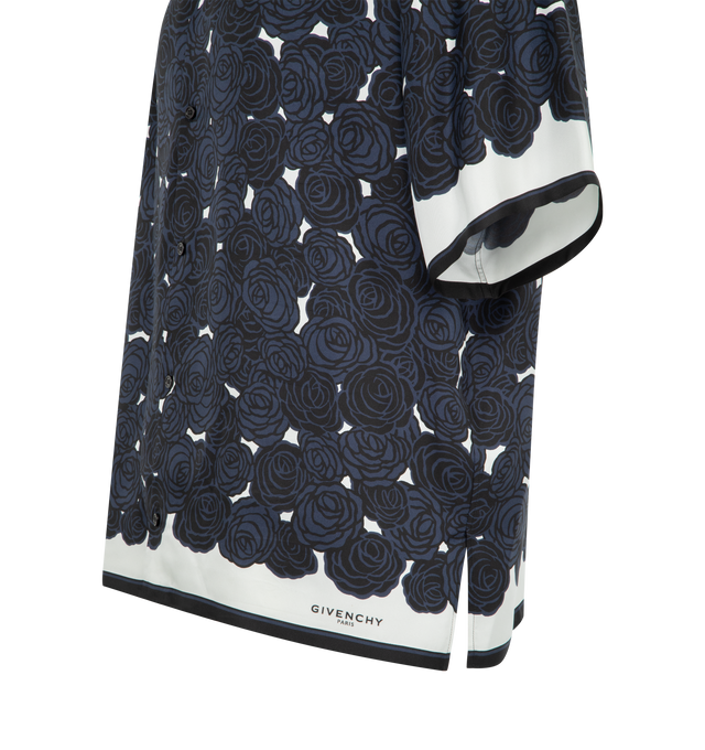 Image 3 of 3 - NAVY - GIVENCHY Bowling Shirt featuring front button closure, pattern detail throughout, short sleeves and spread collar. 100% silk. Made in Italy. 