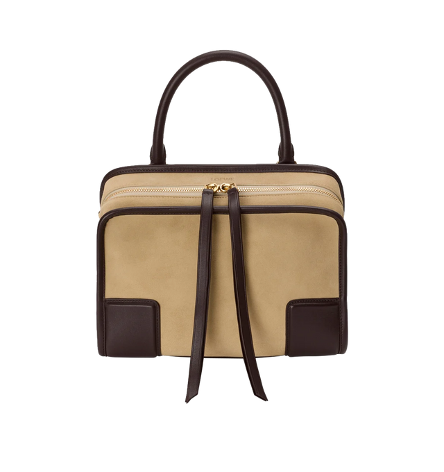 Image 6 of 17 - BROWN - LOEWE Small Amazona 180 Bag in suede featuring a relaxed silhouette anchored by a single toron top handle, designed to be carried open, while a concealed closure secures the main compartment, three carry options: short handle, removable shoulder strap and crossbody, zip closure with two leather zip pullers, two compartments, main compartment closed with magnetic closure, internal flat pocket, left side d-ring for customization, suede and nappa lambskin lining, embossed LOEWE and embo 