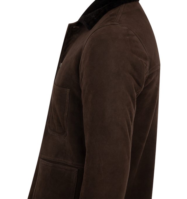 Image 3 of 3 - BROWN - GIORGIO BRATO MEPX Jacket featuring button front closure, suede, shearling collar, three front patch pockets and long sleeves. Lamb suede, shearling. Made in Italy. 