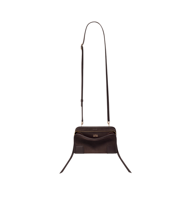 Image 9 of 13 - BROWN - LOEWE Mini Amazona 180 Bag in suede featuring a relaxed silhouette anchored by a single toron top handle, designed to be carried open, while a concealed closure secures the main compartment, removable shoulder and crossbody straps, two carry options: short handle, removable and adjustable crossbody strap, zip closure with two leather zip pullers, two compartments, main compartment closed with magnetic closure, left side d-ring for customization, suede and nappa lambskin lining, embos 