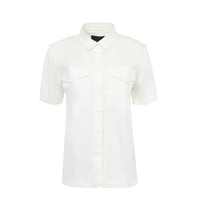 WHITE - NILI LOTAN Natalie Shirt featuring straight short sleeve button down, center front placket, front flap pockets and epaulettes, logo buttons, back darts and slit side details. 100% cotton.