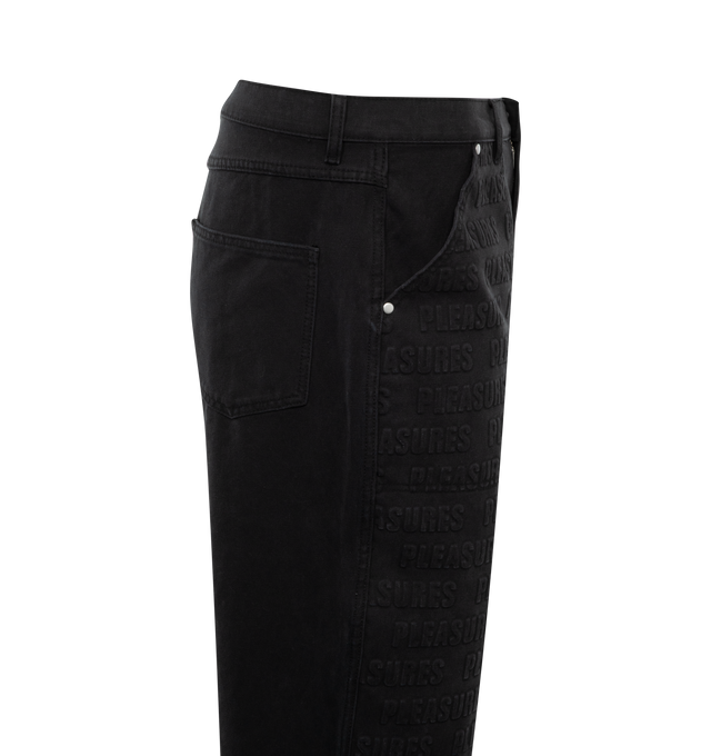 Image 3 of 3 - BLACK - PLEASURES Impact Double Knee Pants featuring heavyweight cotton canvas, garment dyed, embossed all-over PLEASURES logo design on double knee and stone washed. 100% cotton. 