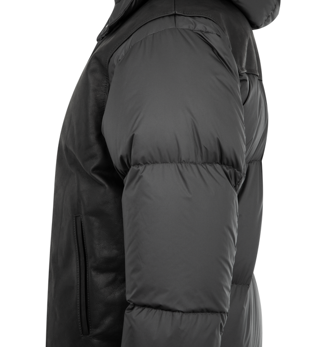 Image 4 of 4 - BLACK - SECOND LAYER Neda Down Puffer Jacket featuring heavy weight jacket in cropped boxy fit, removable hood, fully lined and padded. Calf leather, goose down, nylon. 