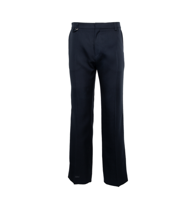NAVY - JACQUEMUS LA PANTALON MELO are straight pants with a straight fit, mid rise, hidden zip fly, clip fastener, J" belt loop with D-Ring, slash pockets, pressed creases and back welt pocket with "J" button loop. 100% virgin wool