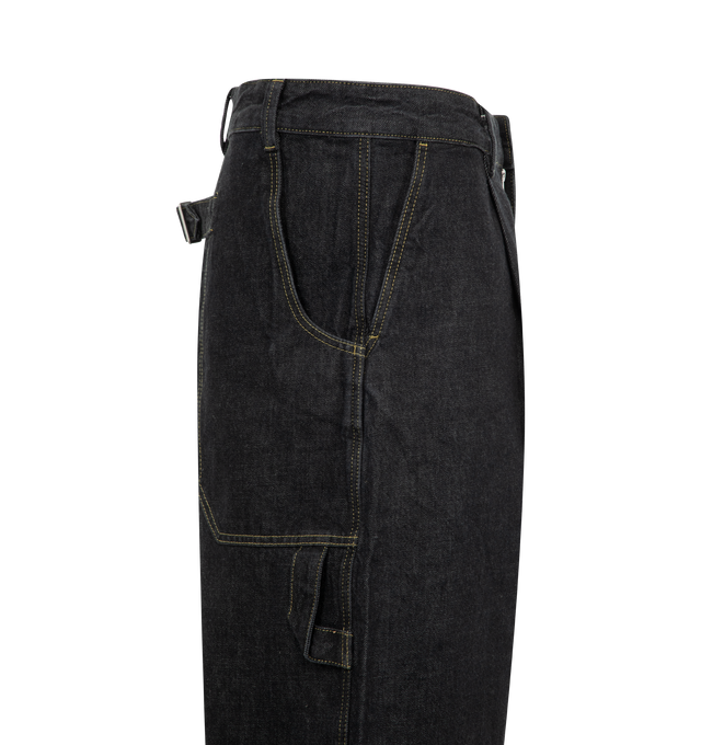 Image 3 of 3 - BLACK - Studio Nicholson pleated denim pants crafted from a rigid 13oz Italian denim with a strong salt and pepper grain and tobacco thread at the seams. Utilitarian, carpenter-style jeans in a very full cut with deep pleats and a curved leg shape. Featuring zip fly with button closure, back cinch and wide cuff. 100% cotton. 