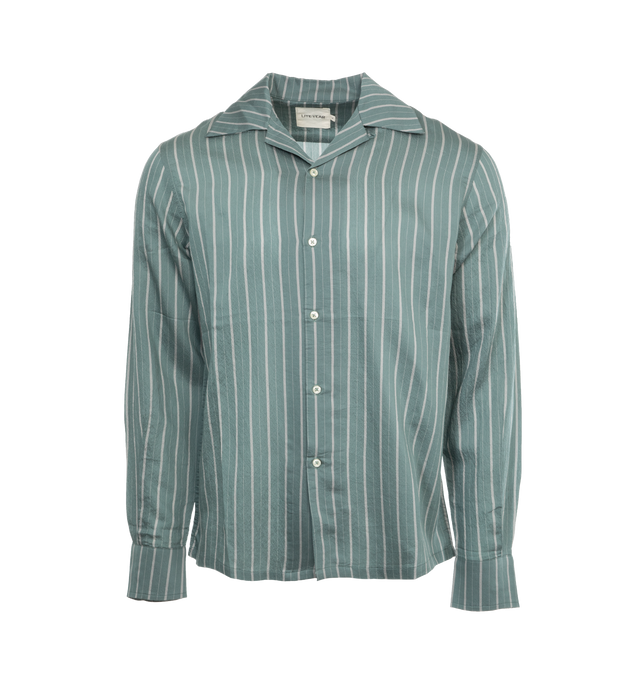 GREEN - LITE YEAR Camp Collar Shirt featuring button up closure, camp collar, button cuffs, long sleeves and stripes throughout. 86% CLY / 14% PL.