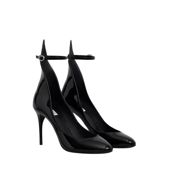 Image 2 of 4 - BLACK - ALAIA Decollete Pumps featuring elegant front low cut, high signature A shaped stem, ankle strap and patent leather. 90mm heel. 100% lambskin. 