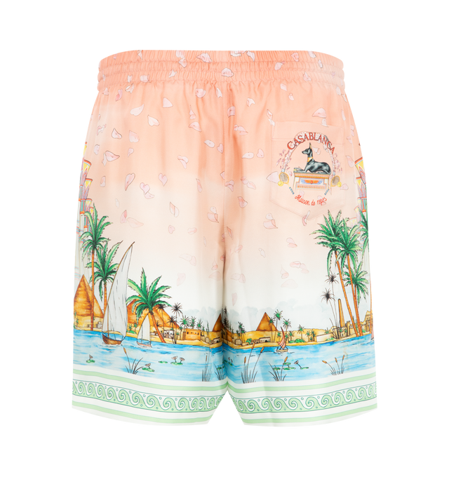 Image 2 of 3 - ORANGE - CASABLANCA Ethereal Silk Shorts featuring pure silk twill, decorated with an illustrated scenic print inspired by Egyptian landscapes, elasticated drawstring waistband, side pockets and a rear patch pocket with signature Casablanca artwork. 100% silk. 