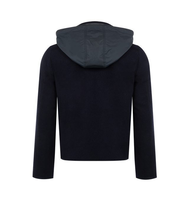 Image 2 of 3 - NAVY - ASPESI Giubbotto Werner Jacket featuring Shetland wool outer, nylon-lined front body and sleeves, stand-up collar, nylon welt pockets, knitted cuffs, zip trim, hood with adjustable drawstring, branded cord locks, drawstring at the hem, double-slider front zip fastening and slim fit. 100% wool. 