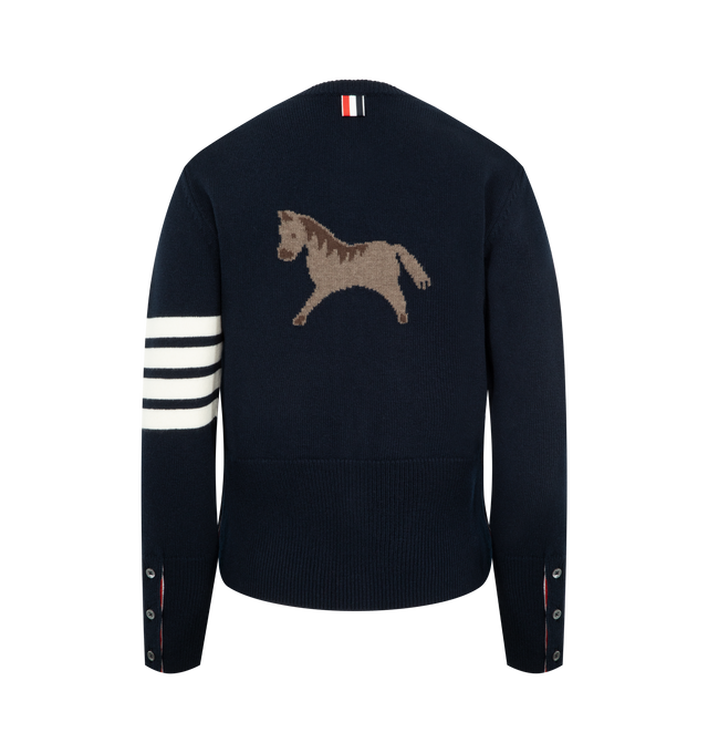 Image 2 of 3 - NAVY - THOM BROWNE Lunar New Year Cardigan featuring crew-neckline, front button closure with RWB grosgrain placket, ribbed neckline, ribbed buttoned cuffs with RWB grosgrain trim, buttoned side vents with RWB grosgrain trim, ribbed hem, 4-bar detailing, signature striped grosgrain loop tab and classic fit. 100% virgin wool. Made in Italy. 