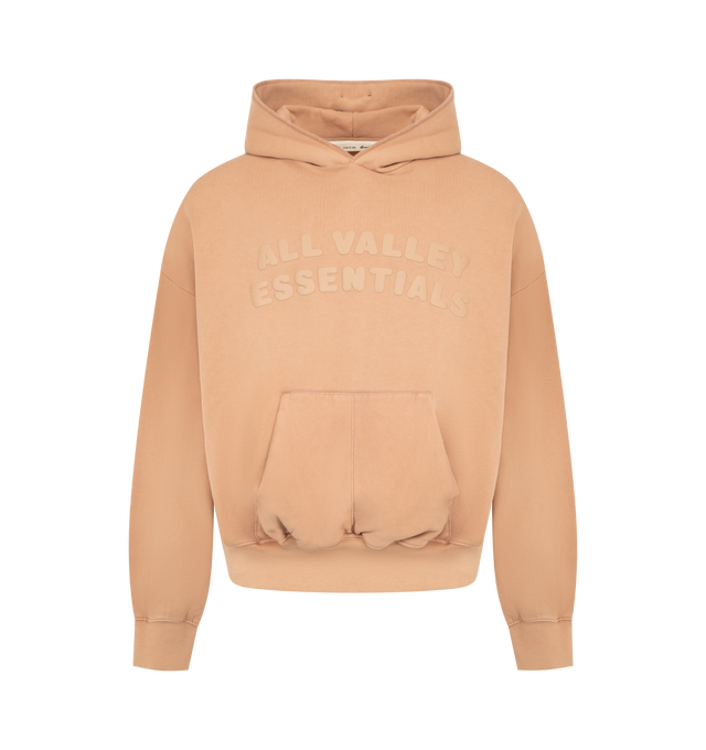 Image 1 of 2 - ORANGE - Fear of God Essentials Mens 90s Hoodie is crafted from heavyweight 390 GSM cotton fleece. Features a relaxed 90s fit, dropped shoulders, kangaroo pocket, ribbed cuffs and hem, contrasting stitching, pigment-dyed finish, puff-printed All Valley Essentials graphic, and an Essentials logo label. Main Material: 100% Cotton.  