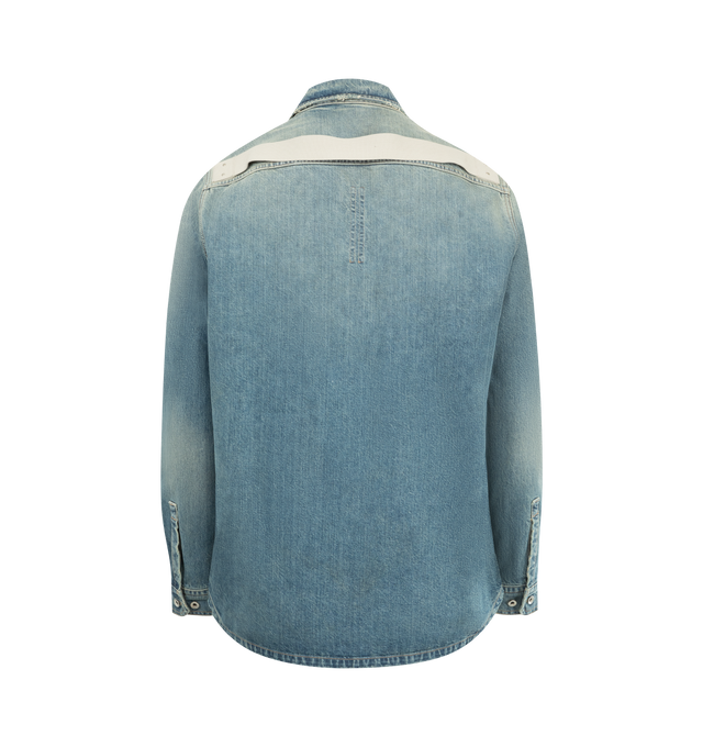 Image 2 of 2 - BLUE - DRKSHDW Denim Overshirt featuring 13 oz non-stretch denim overshirt, fading and subtle distressing throughout, spread collar, button closure, flap pockets at chest, shirttail hem, buttoned barrel cuffs, riveted webbing strap at back yoke and integrated logo-woven strap at interior side seam. 100% cotton. Made in Italy. 