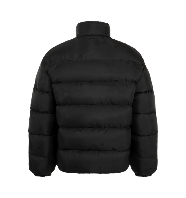 Image 2 of 3 - BLACK - Rhude Men's Paisley Jacquard Down Puffer Jacket is crafted from polyester satin with an allover paisley-inspired jacquard logo pattern and features a down-filled silhouette designed for warmth and volume. Designed with a stand collar, two-way zip closure, welt pockets, elasticized cuffs, interior zip pockets, and a bungee-style drawstring hem for adjustable comfort. Main Material: 100% Polyamide. Fill: 100% Goose Down. Lining: 100% Polyamide. 