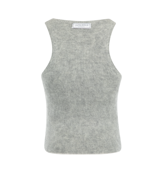 Image 2 of 2 - GREY - JACQUEMUS Le dbardeur Pitatto Tank featuring brushed rib knit mohair-blend, scoop neck, jacquard stripe at hem and logo patch at back collar. 49% mohair, 33% polyamide, 18% merino wool. Made in Italy. 