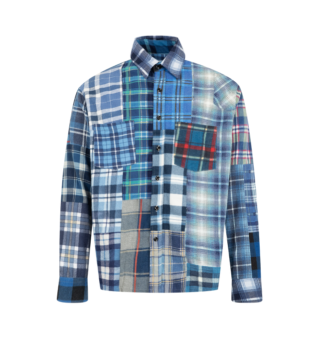 Image 2 of 8 - RED - Needles Men's Straight Hem Flannel Shirt is crafted from reworked cotton flannel and features a one-of-a-kind construction created from cut-and-sewn vintage flannel shirts. Designed with a straight hem, classic collar, button-front closure, chest pockets, and buttoned cuffs, each piece is unique and will vary in color, pattern, and panel placement. Main Material: 100% Cotton. Details: Reworked One-of-One Design, Straight Hem, Classic Collar, Chest Pockets, Buttoned Cuffs. Closure: Butto 