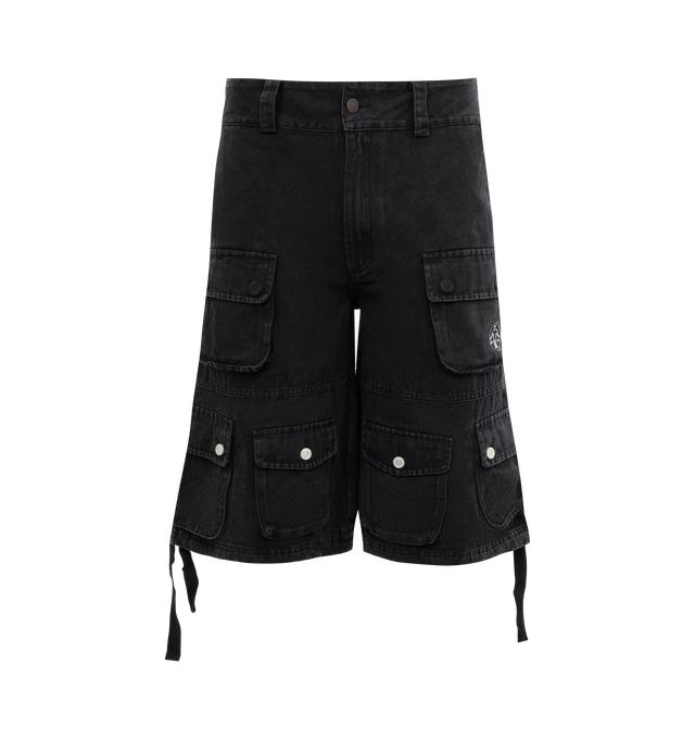 Image 1 of 3 - BLACK - UNTITLED ARTWORKS Cargo Shorts featuring a relaxed fit with wide legs, below-the-knee length, a button and zip closure, drawstring cuffs and pockets throughout. 100% cotton.  