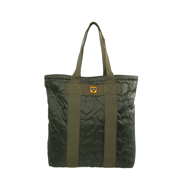 GREEN - HUMAN MADE Heart Quilting Tote featuring carry handles and woven logo branding. 39 x 38 x 14cm. 100% nylon.