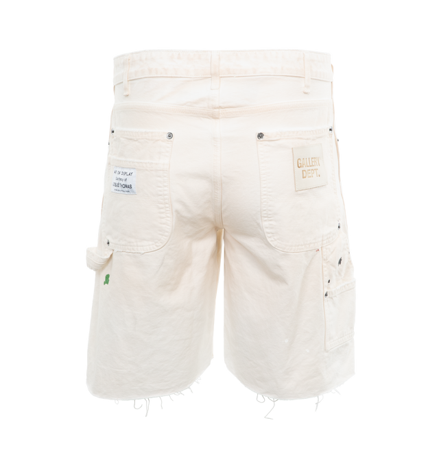 Image 2 of 4 - WHITE - GALLERY DEPT. Flea Carpenter Short featuring belt loops, hand panited, distressing, raw hem and zip and button fly. 100% cotton. 