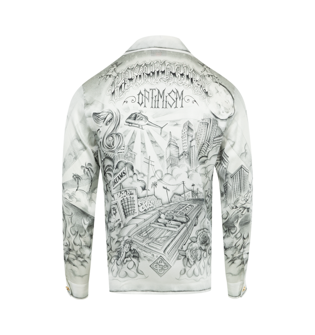 Image 2 of 2 - WHITE - CASABLANCA Collar Shirt featuring print throughout, chest patch pocket, concealed front placket, cuban collar and long sleeves. 100% silk. Made in Italy. 