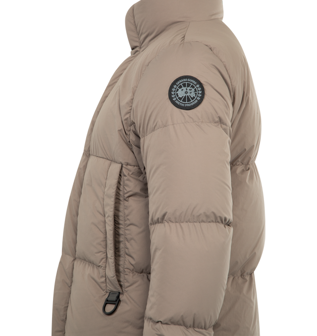 Image 3 of 4 - BROWN - CANADA GOOSE Everett Hooded Puffer featuring recessed rib-knit cuffs, placket overtop two-way zipper, hem with interior drawcord, two exterior pockets: fleece-lined handwarmer pockets with zipper closures and three interior pockets: two mesh drop-in pockets, one security pocket. 100% recycled nylon. 