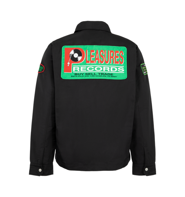 Image 2 of 4 - BLACK - Pleasures Men's Records Jacket is designed with a structured silhouette and features a point collar, full two-way zip closure, and multiple embroidered and appliqu graphic patches throughout. A contrasting striped panel in green and white runs alongside the front zipper, while welt pockets and adjustable button tabs at the hem complete the design. Main material: Polyester. 