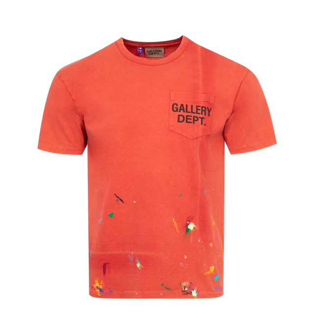 RED - GALLERY DEPT. Vintage Logo Tee featuring boxy fit with understated ribbed accents at the neckline and cuffs, faded screen-printed logo on both front and back along with paint splatter. 100% cotton.