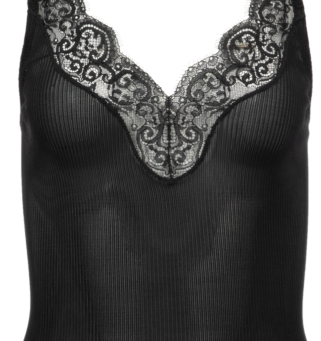 Image 3 of 3 - BLACK - SAINT LAURENT Laced Tank Top featuring semi sheer, fitted, lace trim, v neckline and adjustable shoulder straps. 100% silk.  