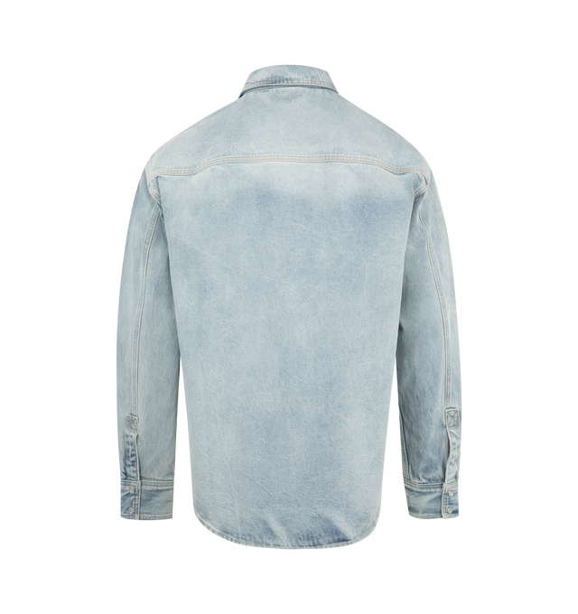 Image 2 of 2 - BLUE - Vetements Embroidered Logo Denim Shirt has a spread collar, a press stud closure, flap pockets, a shirttail hem, a logo embroidered at the chest, and fading and whiskering throughout. 100% cotton. Made in Portugal.  