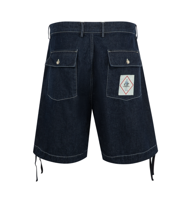 Image 2 of 3 - BLUE - C.P. Company Denim 3/1 Shorts have a front button closure, side pockets, back pockets with button and flap closures, drawstring hems, and a logo patch at the back.  