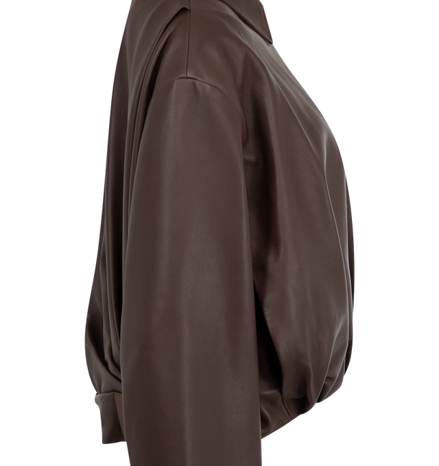 Image 3 of 3 - BROWN - LOEWE Draped Jacket in lightweight soft nappa lambskin featuring a balloon silhouette with asymmetric hand-gathered draping at the back, regular fit, short length, classic collar, zip front fastening, seam pockets, inside welt pocket, fully lined and LOEWE embossed leather patch placed at the back. Nappa. Made in Italy. 