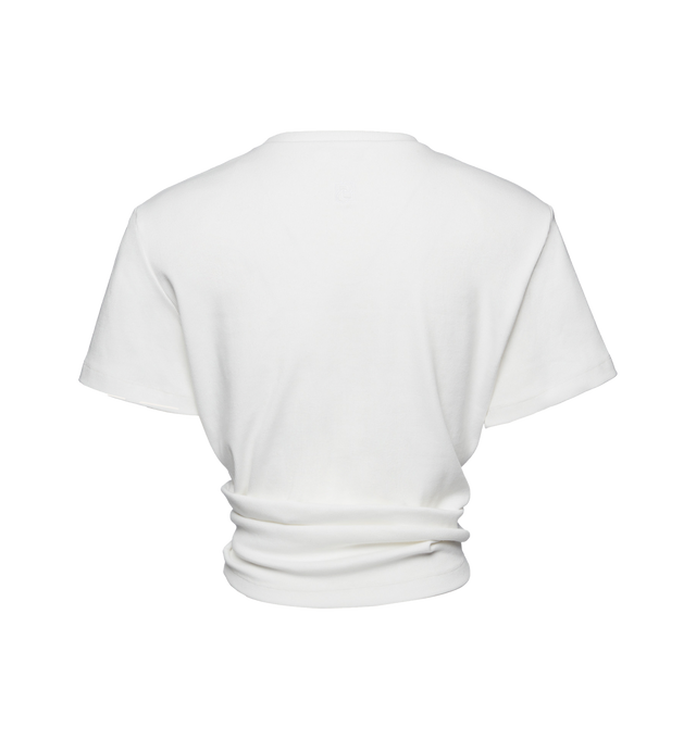 Image 2 of 2 - WHITE - MAGDA BUTRYM Knot Front T-Shirt featuring gathered hem with rose appliqu, short sleeves and crew neck. 95% cotton, 5% elastane.  