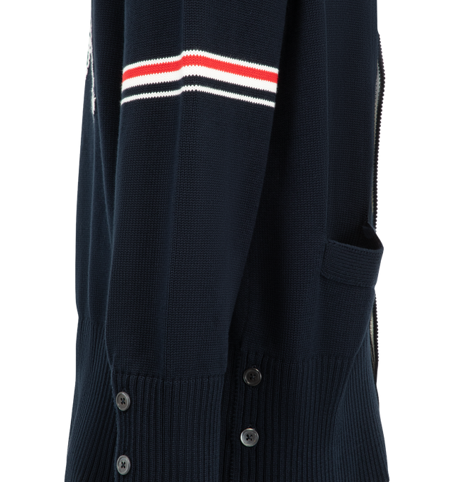 Image 3 of 3 - BLUE - Thom Browne Mens Cardigan is crafted from cotton jersey knit. Features a V-neckline, button-front closure, welt hand pockets, RWB intarsia armbands, lobster intarsia at the back, ribbed buttoned cuffs, buttoned side vents with signature RWB grosgrain trim, ribbed hem, and signature striped grosgrain loop tab. Main Material: 100% Cotton. Made in Italy. 