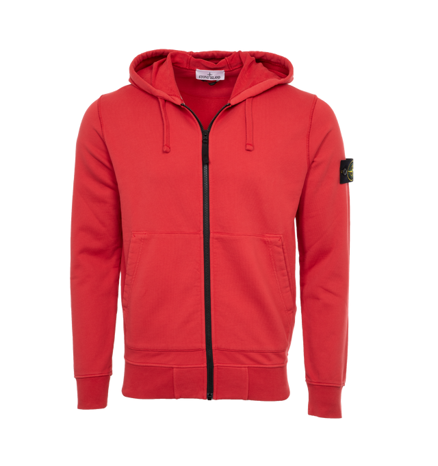 RED - STONE ISLAND Zip Hoodie featuring drawstring at hood, zip closure, rib knit hem and cuffs and detachable logo patch at sleeve. 100% cotton. Made in Turkey.