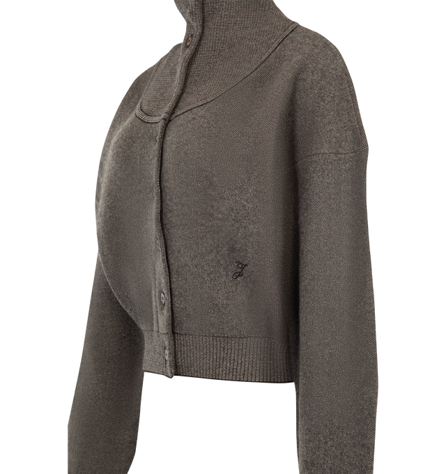 Image 3 of 3 - GREY - Jacquemus Women's The Pelota Cardigan is crafted from a luxurious blend of merino wool and cashmere and features a balloon-volume silhouette with a stand collar and horn button front closure. Designed with rib-knit trims at the collar, cuffs, and hem, this elevated knit is finished with a double-jersey neckline detail that adds subtle structure to its soft, voluminous shape. Main Material: Merino Wool, Cashmere. 