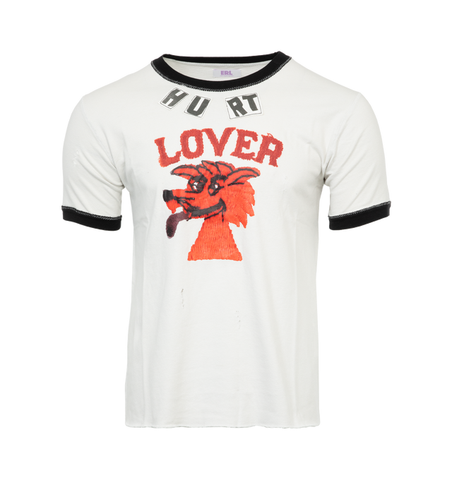 WHITE - ERL UNISEX HURT LOVER TSHIRT KNIT features cotton-linen blend, appliqu� detailing, graphic print on the front, neck piping, crew neck and straight hem. 70% Cotton, 30% Linen/Flax.