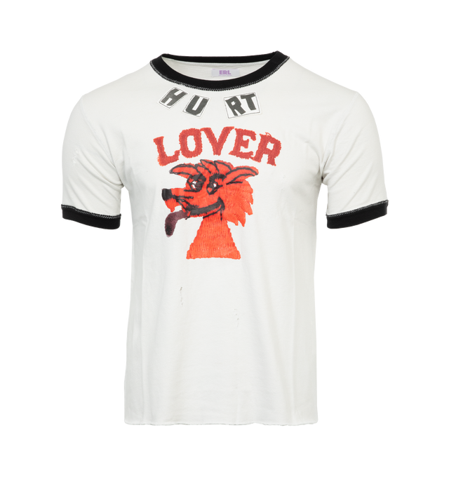 Image 1 of 3 - WHITE - ERL UNISEX HURT LOVER TSHIRT KNIT features cotton-linen blend, appliqu detailing, graphic print on the front, neck piping, crew neck and straight hem. 70% Cotton, 30% Linen/Flax. 