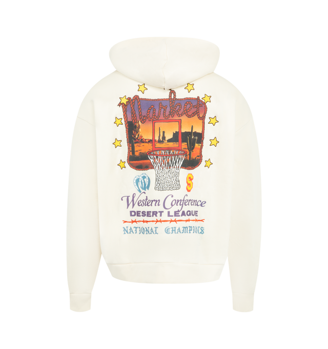 Image 2 of 2 - WHITE - MARKET Desert League Graphic Hoodie featuring drawstring hood, pullover style, long sleeves with ribbed cuffs, graphics at left chest and back, kangaroo pocket and ribbed hem. 100% cotton. 